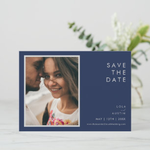 Modern Navy Blue   Silver Font Photo Horizontal Save The Date
