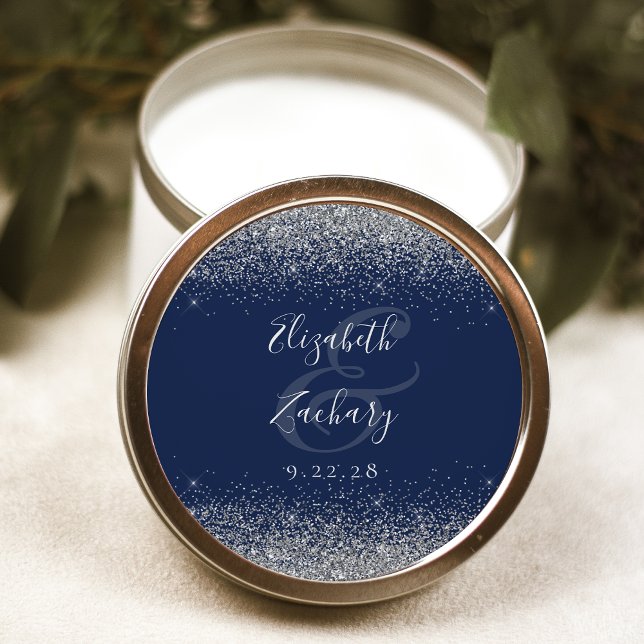 Modern Navy Blue Silver Glitter Edge Wedding Classic Round Sticker (Creator Uploaded)