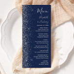 Modern Navy Blue Silver Glitter Edge Wedding Menu<br><div class="desc">The left-hand edge of this elegant modern wedding menu features a silver faux glitter design. The customisable text combines silver grey handwriting,  copperplate and italic fonts on a navy blue background. The reverse side features a matching navy blue and silver glitter design.</div>