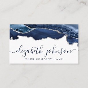 Modern Navy Blue Silver Grey Glitter Agate Marble Business Card