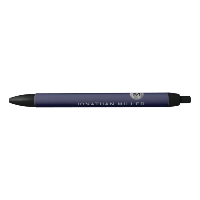 Modern Navy Blue Silver Monogram Black Ink Pen (Front)