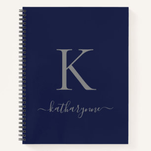 Modern Navy Blue Silver Monogram Name Notebook