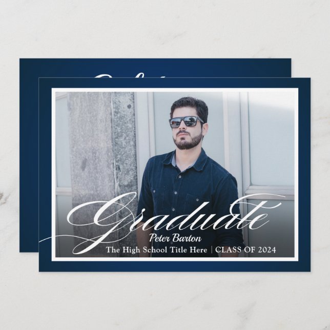 Modern Navy Blue Silver Script Photo Grad Party Invitation (Front/Back)
