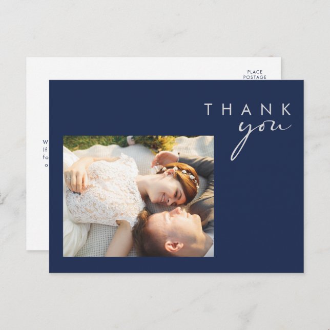 Modern Navy Blue | Silver Script Photo Thank You Postcard (Front/Back)