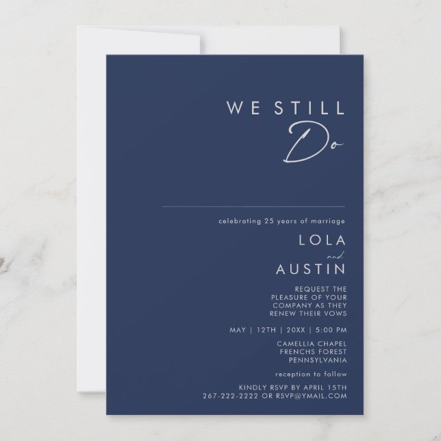 Modern Navy Blue Silver We Still Do Renewal Invitation (Front)