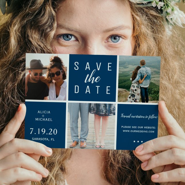 Modern navy blue simple 3 photo collage wedding save the date (Creator Uploaded)