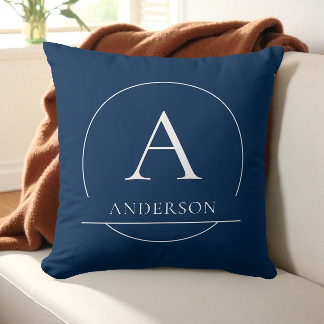 Modern Navy Blue Simple Family Name Monogram Cushion (Modern Navy Blue Simple Family Name Monogram Throw Pillow)