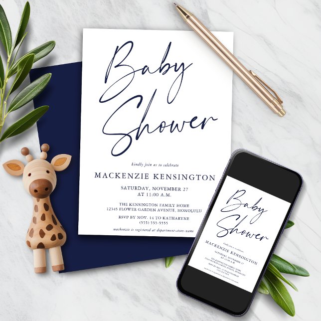 Modern Navy Blue Simple Script Baby Shower Invitation (Modern Navy Blue Simple Script Baby Shower Invitation)