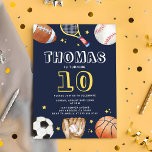 Modern Navy Blue Sports birthday Boys Invitation<br><div class="desc">This sports-themed birthday invitation is perfect for a boy who loves sports, whether he's a fan of basketball, football, soccer, tennis, or all of the above! It's a fun and festive way to celebrate his 10th birthday. The navy blue background is perfect for a boy's birthday party, and it's sure...</div>