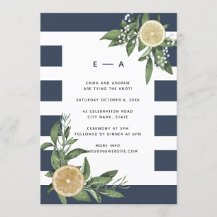 Modern Navy Blue Stripe Watercolor Lemon Invitation