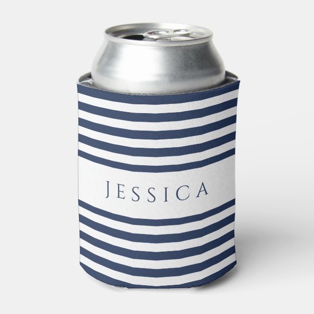 Modern Navy Blue Striped Custom Name  Can Cooler (Can Front)