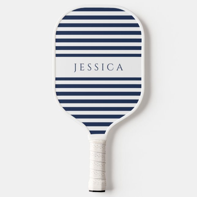 Modern Navy Blue Striped Custom Name  Pickleball Paddle (Back)