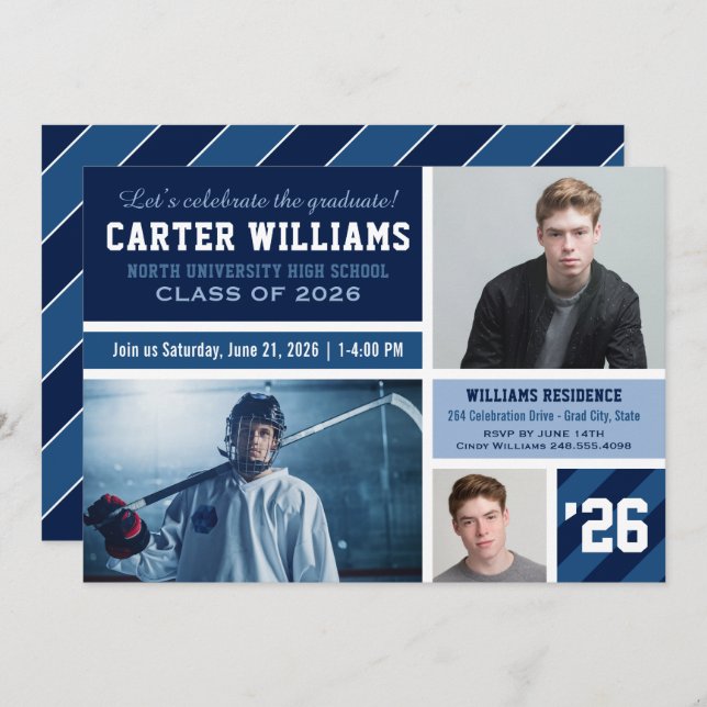 Modern Navy Blue Striped Graduation Photo Collage Invitation (Front/Back)