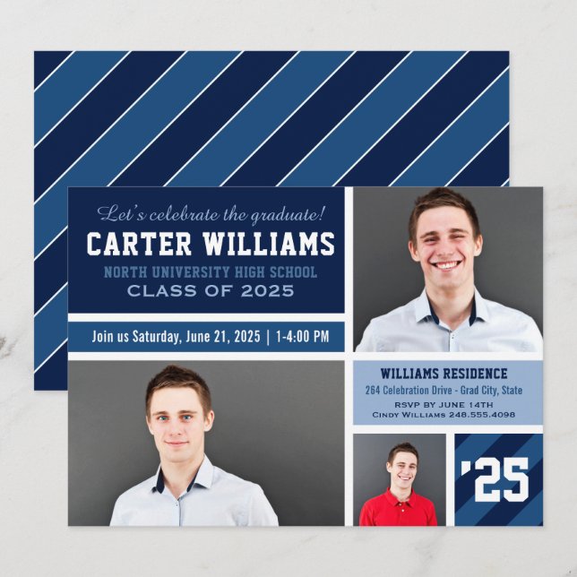 Modern Navy Blue Striped Graduation Photo Collage Invitation (Front/Back)