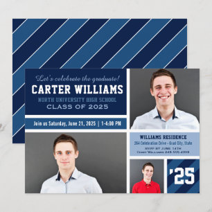 Modern Navy Blue Striped Graduation Photo Collage Invitation