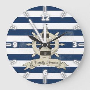 Modern Navy Blue  Stripes,Boat Wheel Large Clock