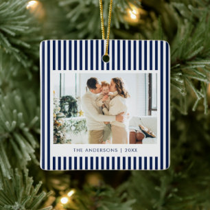 Modern Navy Blue Stripes Custom Photo Christmas Ceramic Ornament