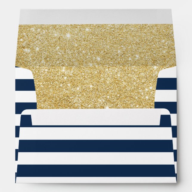 Modern Navy Blue Stripes Elegant Gold Glitter Envelope (Back (Bottom))