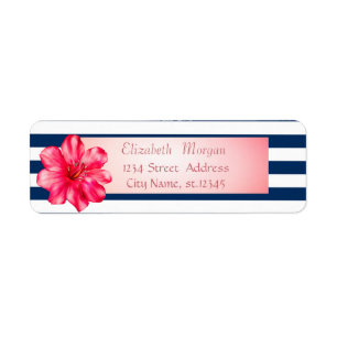 Modern Navy Blue Stripes ,Hibiskus Return Address Label