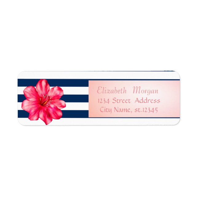 Modern Navy Blue Stripes ,Hibiskus Return Address Label (Front)
