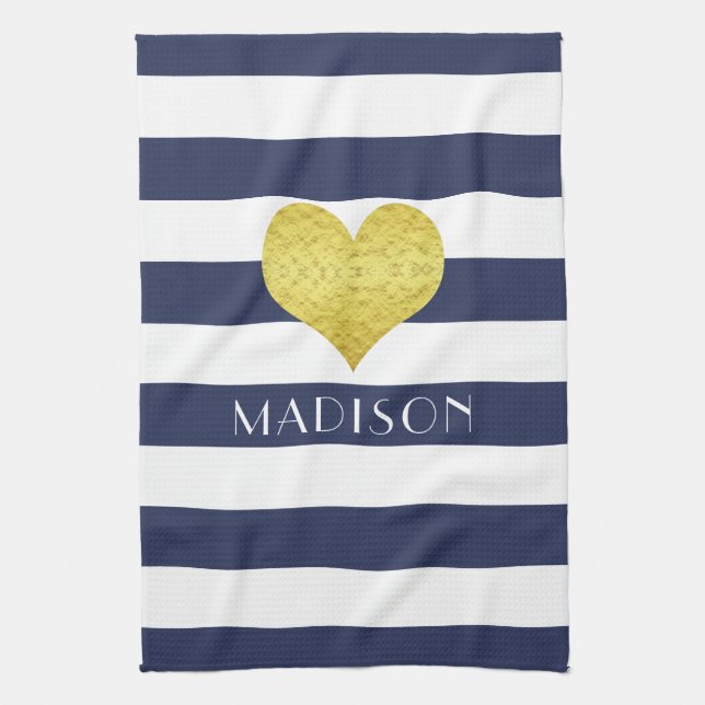 Modern Navy Blue Stripes Name Tea Towel (Vertical)