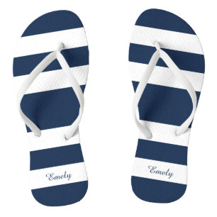 Modern Navy Blue Stripes Name Thongs