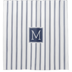 Modern Navy-Blue Stripes Pattern Monogram Shower Curtain