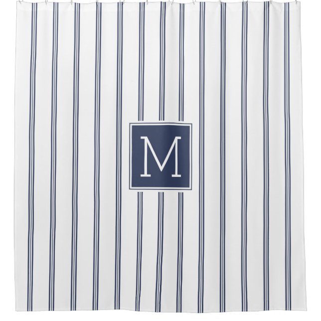 Modern Navy-Blue Stripes Pattern Monogram Shower Curtain (Front)