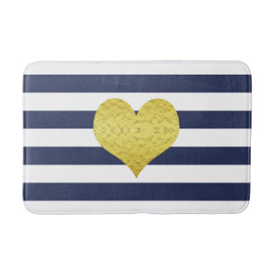Modern Navy Blue Stripes Pattern Name Bath Mat