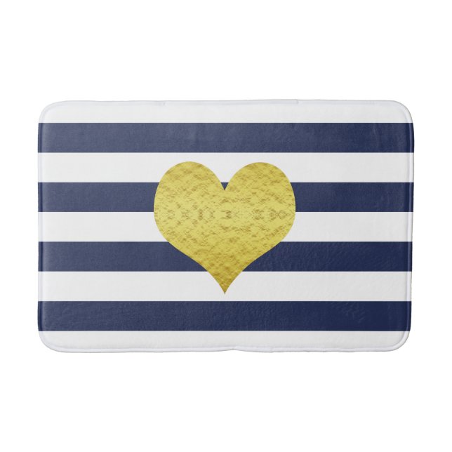 Modern Navy Blue Stripes Pattern Name Bath Mat (Front)