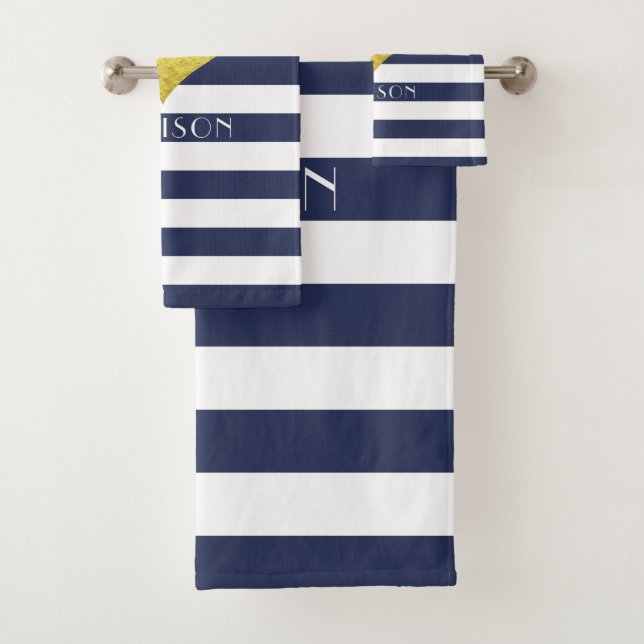 Modern Navy Blue Stripes Pattern Name Bath Towel Set (Insitu)