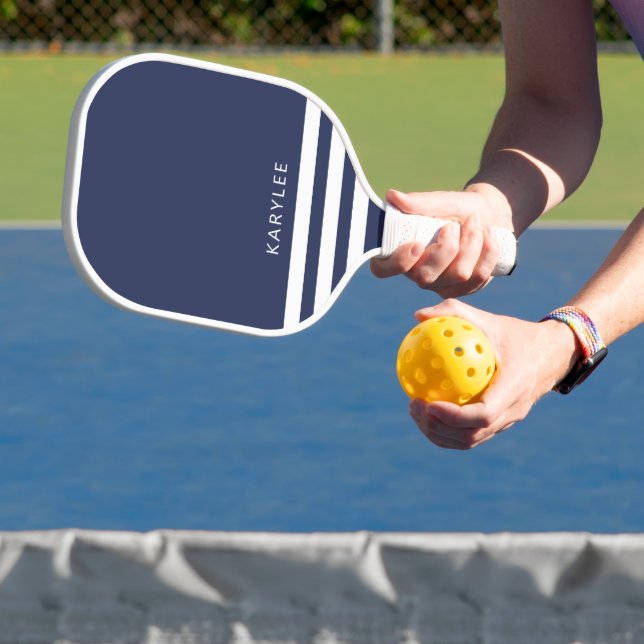 Modern Navy Blue Stripes Personalised Pickleball Paddle (Insitu)