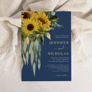 Modern Navy Blue Sunflower Wedding Gold Foil  Foil