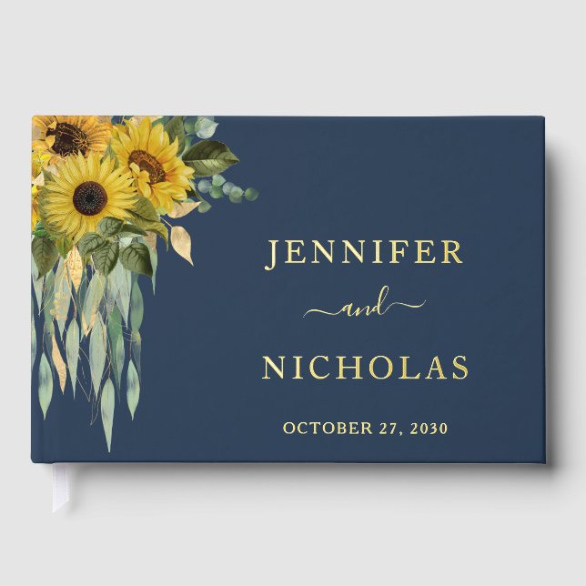 Modern Navy Blue Sunflower Wedding Gold Guest Book (Front)