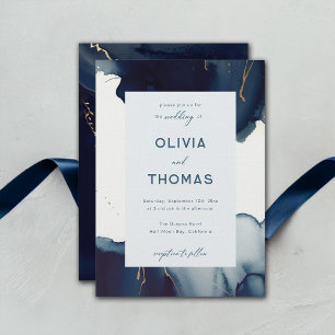 Modern Navy Blue Teal Gold Bohemian Beach Wedding Invitation