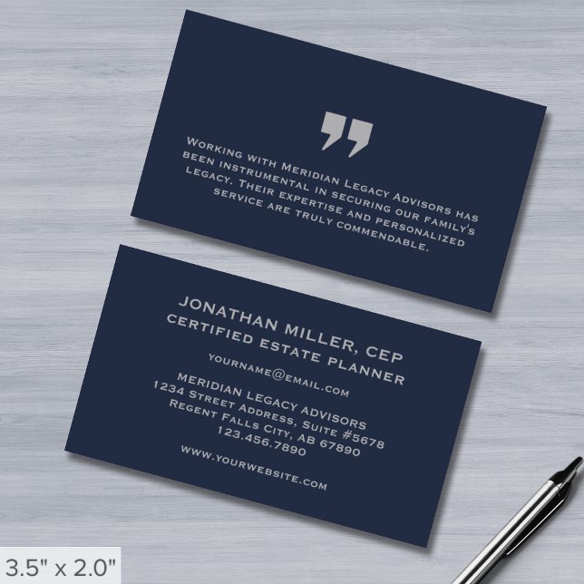 Modern Navy Blue Testimonial Business Card (Creator Uploaded)