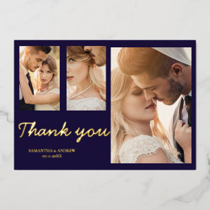 Modern navy blue thank you 4 photo wedding card
