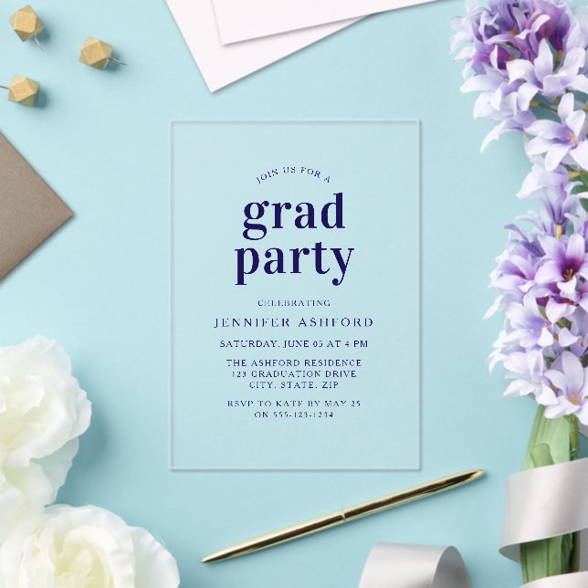 Modern Navy Blue Trendy Graduation Party Acrylic Invitations (Insitu (Wedding))