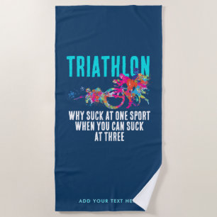 Modern Navy Blue Triathlon Sport Humour Bold Typo Beach Towel