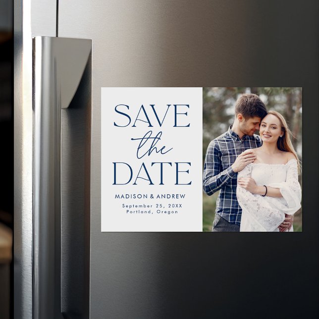 Modern Navy Blue Typography Photo Save the Date Magnetic Invitation (Creator Uploaded)