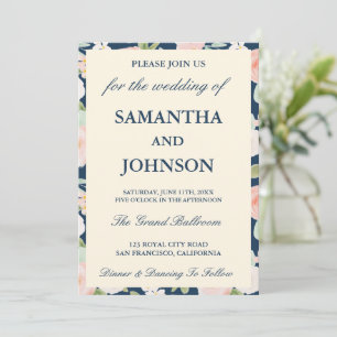 Modern Navy Blue Vintage Ivory Floral Wedding Invitation