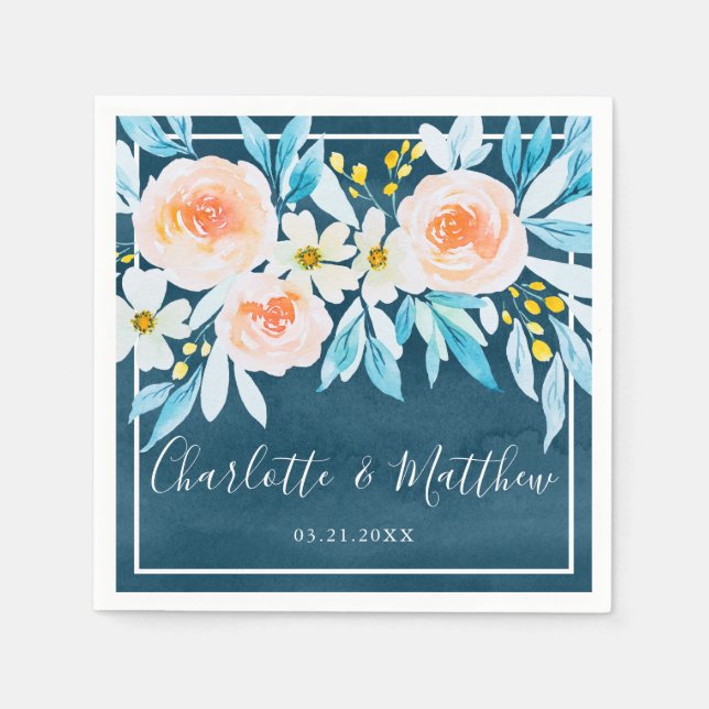 Modern Navy Blue Watercolor Floral Wedding Napkin (Front)