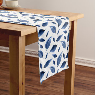 Modern Navy Blue Watercolor Leaves Pattern Short Table Runner