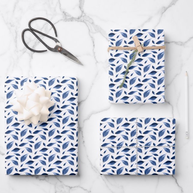 Modern Navy Blue Watercolor Leaves Pattern Wrapping Paper Sheet (Front)