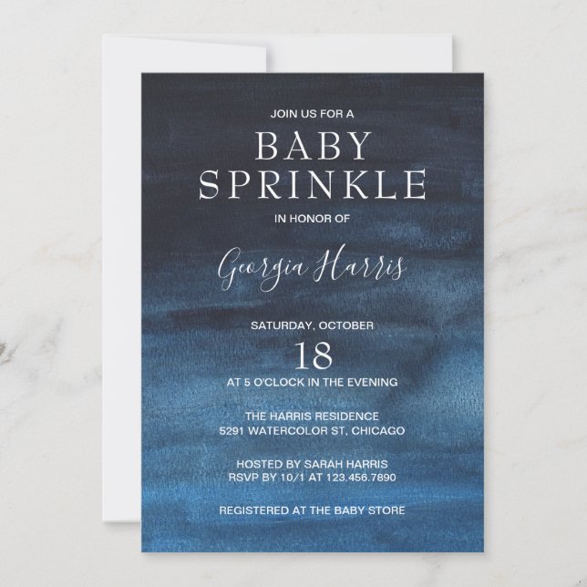 Modern Navy Blue Watercolor Wash Boy Baby Sprinkle Invitation (Front)