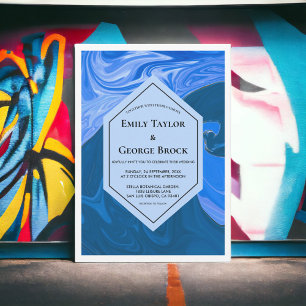 Modern Navy Blue Waves Abstract Artistic Wedding Invitation