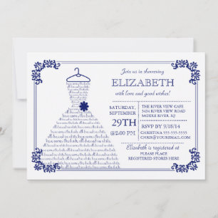 Modern Navy Blue Wedding Dress Bridal Shower Invitation