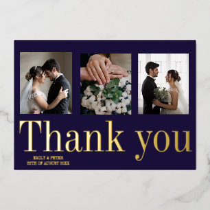 Modern navy blue wedding foil photo thank you card