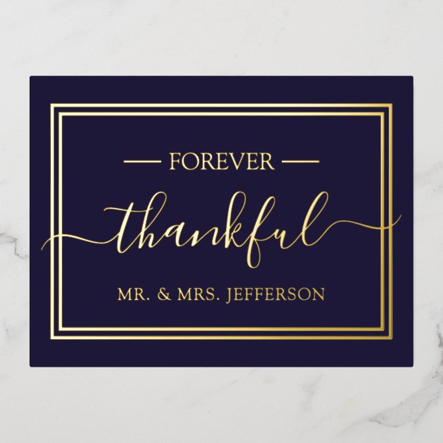 Modern Navy Blue Wedding Mr. & Mrs. Thank You Foil Invitation Postcard (Front)