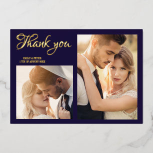 Modern navy blue wedding photo foil thank you card